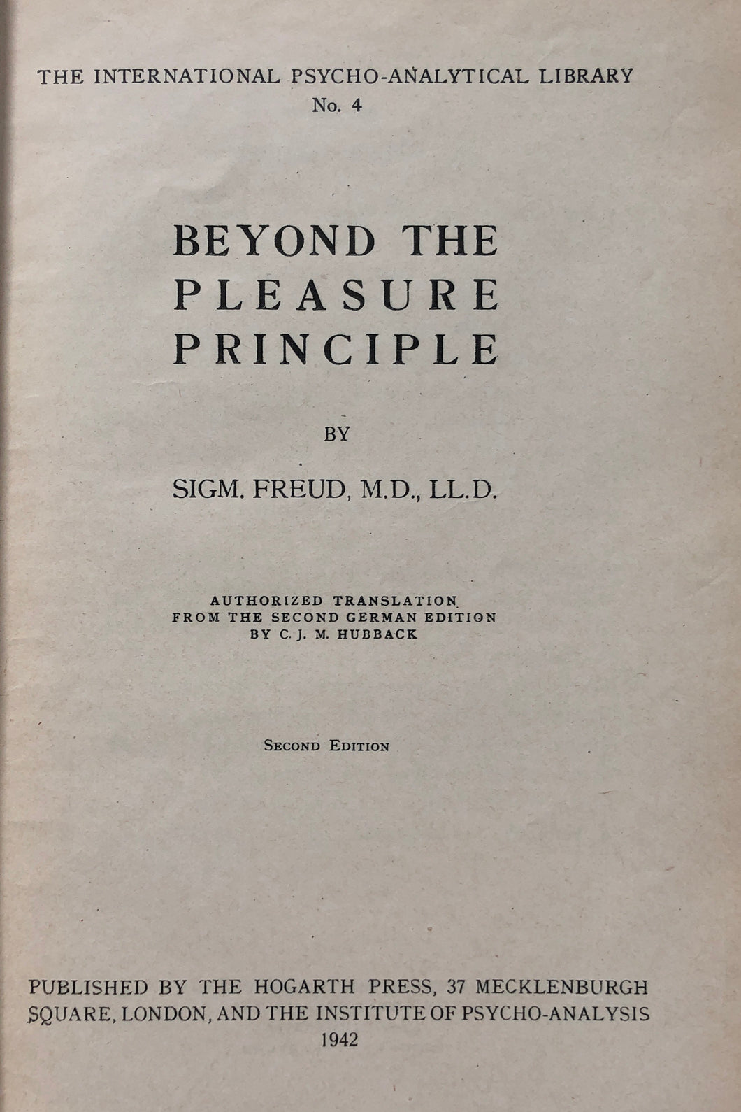Beyond the pleasure principle, by Sigmund Freud, 1942